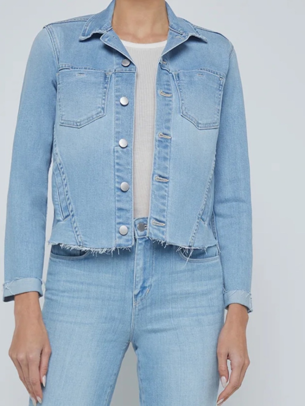 L'AGENCE XS Janelle Denim Jacket Cruz Light Wash Raw Hem Stretch NEW w/TAGS - Picture 6 of 6